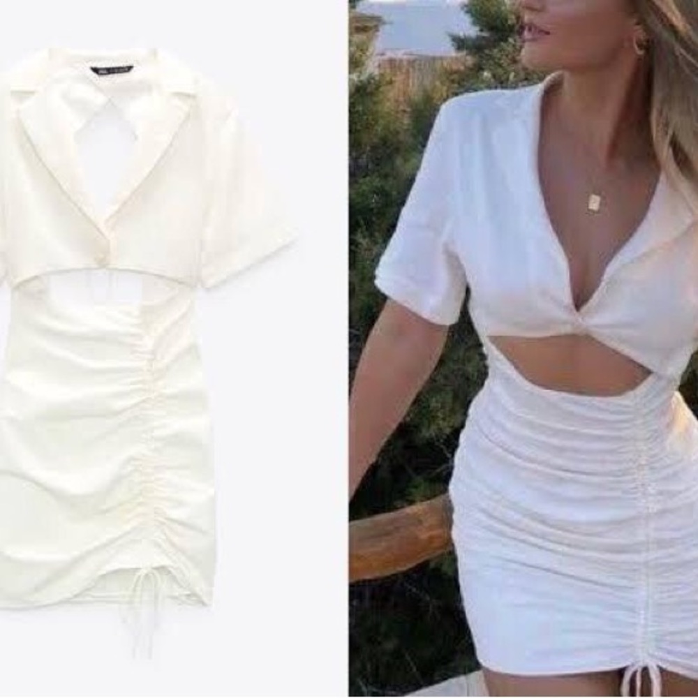 Zara Cream Ruched Mini Dress - Picture 2 of 13